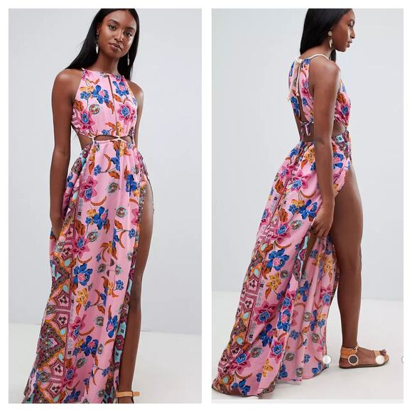 NWT ASOS DESIGN Rope Maxi Dress Size 8 Trim Cut Out Paisley Print Plunge Beach - Picture 14 of 14